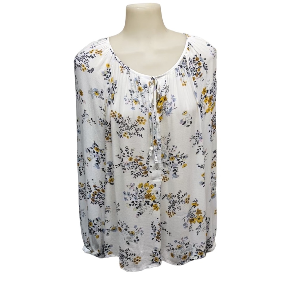 LUCKY BRAND Blouse Floral Long Sleeve White Blue Yellow Button String Ti…